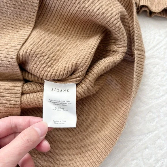 Sezane Soizic Tie Front Merino Wool Blend Jumper, Camel - Picture 7 of 8